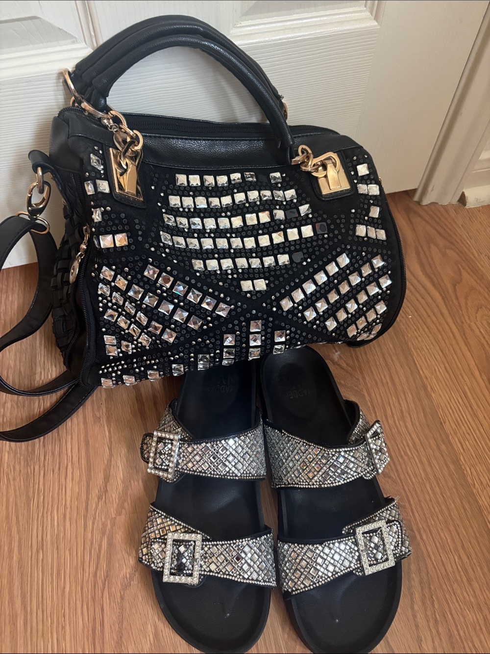 Steve Madden Black Satchel with Silver Crystal Embellishments